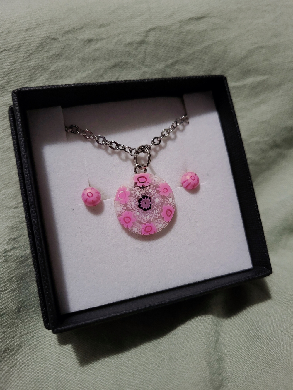 Murano Glass Pink Millefiori Pendant and Earring Set